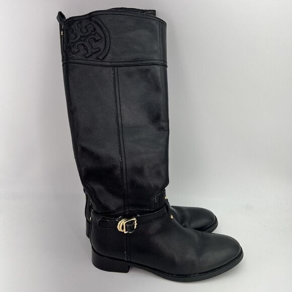 Tory Burch Marlene Black Leather Tall Riding Boots Size 7.5 - Picture 1 of 9